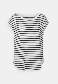 Biała koszula z krótkim rękawem z czarnymi poziomymi paskami, z okrągłym dekoltem i luźnym fasonem.