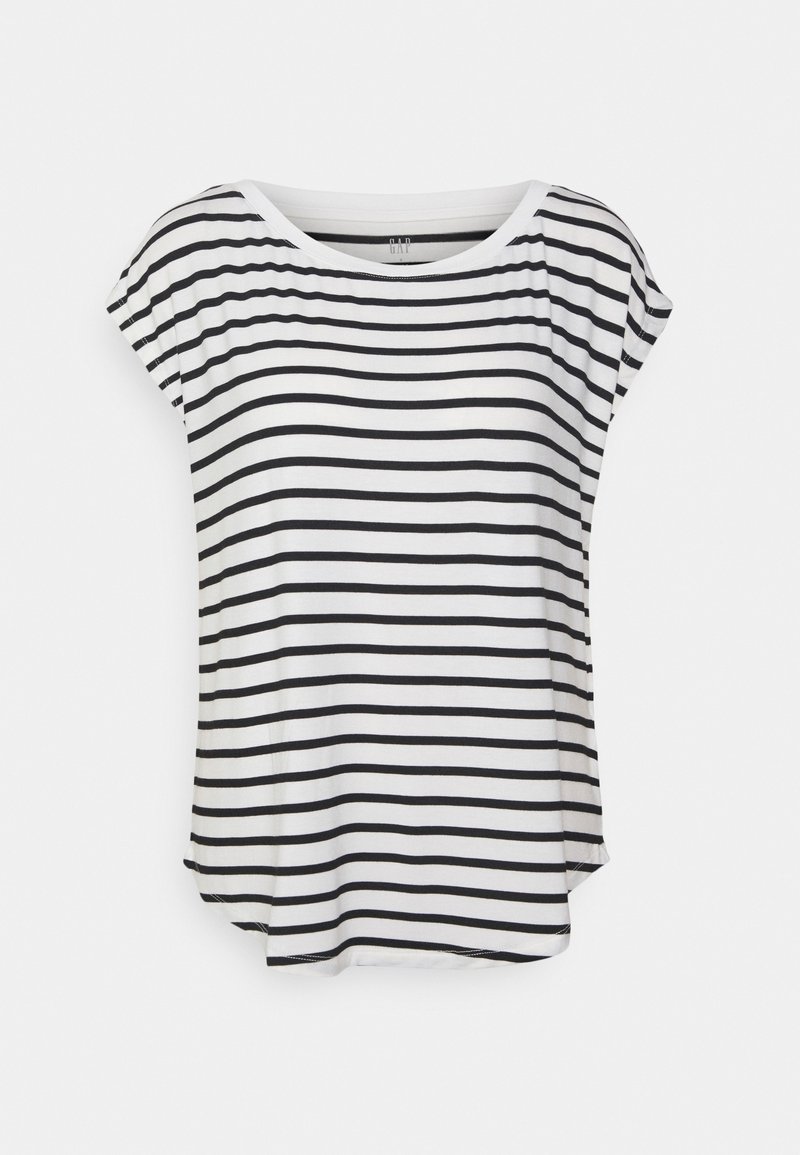 Biała koszula z krótkim rękawem z czarnymi poziomymi paskami, z okrągłym dekoltem i luźnym fasonem.