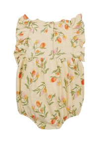 Bodysuit floral pour bébé en coton léger et doux. Présente un fond jaune avec des fleurs oranges et roses, des manches volantes et une fermeture à pression.