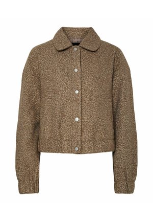 Brown textured cropped jacket with a collared neck, front snap closures, and elasticized sleeve cuffs. Suitable for cooler weather.