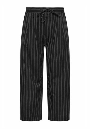 Wide-leg black pants with light gray vertical stripes, featuring an elastic waistband with a drawstring and a soft, textured fabric.