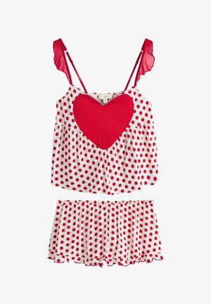 Rotes und weißes Schlafanzug-Set mit Punkten, bestehend aus einem ärmellosen Oberteil mit großem rotem Herz und passenden Shorts mit Rüschensaum.