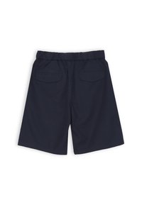Pantaloni corti blu navy con una cintura elastica e due tasche posteriori. Texture liscia con un design casual, che offre comfort e facilità d'uso.