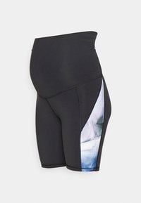 Bermudas de maternidade pretas com uma cintura alta. Apresenta um painel lateral em padrão abstrato azul e branco. Feitas de um tecido elástico e de secagem rápida.