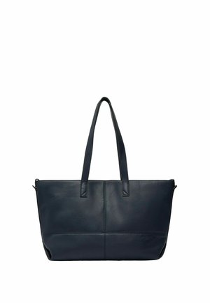 Bolso tote de cuero negro con dos asas largas y costuras visibles, diseñado para llevar en la mano o al hombro.