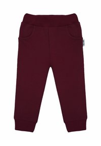 Bordowe spodnie dresowe o miękkiej fakturze, z elastycznym pasem, dwoma bocznymi kieszeniami i ściągaczami przy kostkach.