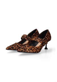Escarpins à imprimé léopard avec un bout pointu, en matériau souple, dotés d'une bride sur le pied et d'un petit talon.