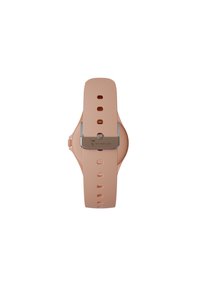 Orologio sportivo in silicone rosa con cassa rotonda, cinturino regolabile e fibbia metallica. Presenta molteplici fori per la regolazione della misura.