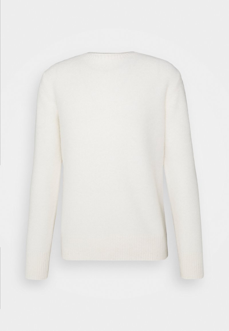 Maglione bianco a collo tondo, realizzato in un morbido tessuto, caratterizzato da maniche lunghe, polsini e orlo a costine, con un design pulito e semplice.