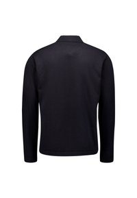 Zwarte longsleeve shirt van gladde stof met een klassieke kraag en een rechte snit, zonder zichtbare logo's of patronen op de achterkant.