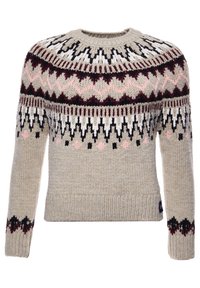 Villapaita, jossa on pyöreä pääntie, beigepohjainen runko ja tummanpunainen, vaaleanpunainen, valkoinen ja musta kuviollinen yoke. Ribbaatut hihansuut ja helma. Teksturoitu neulos.