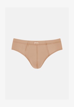 Beige stretchstof string met een zachte tailleband, naadloos ontwerp en subtiele stikseldetails. Geschikt voor dagelijks gebruik.