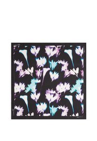 Mehrfarbiges Seidentuch mit floralen Mustern, das auffällige blaue und lila Blumen auf einem schwarzen Hintergrund zeigt, mit einer glatten Textur und sauberen Kanten.