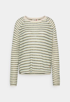 Sweter z długim rękawem wykonany z dzianiny, z poziomymi paskami w kolorach beżowym, jasnoniebieskim i oliwkowozielonym, z okrągłym dekoltem i prążkowanymi mankietami.