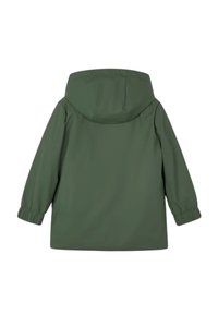 Chaqueta verde con capucha, mangas largas, puños elásticos y una textura suave. La parte trasera presenta un diseño sencillo sin adornos adicionales.