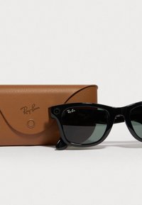 Ray-Ban sorte solbriller med grønne linser ved siden af et brunt læderetui med et subtilt logo og rund lukning.
