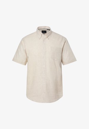 Beiges kurzärmeliges Hemd mit Knöpfen, Kragen und Brusttasche, aus leichtem Stoff, vor weißem Hintergrund präsentiert.