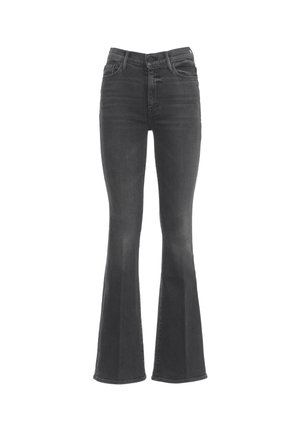 Jeans neri a zampa con vita alta, chiusura con bottoni, tasche anteriori e posteriori, mostrati su sfondo bianco.