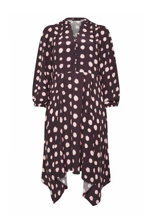 Mustan pitkähihainen mekko, jossa on vaaleanpunaisia epäsäännöllisiä pilkkuja, v-pääntie napituksella ja epäsymmetrinen helma.