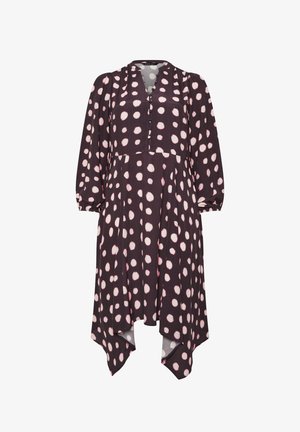 Schwarzes langärmeliges Kleid mit blassrosa unregelmäßigen Punkten, V-Ausschnitt mit Knöpfen und asymmetrischem Saum.