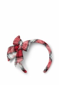 Červeno-bílý kostkovaný látkový čelenka s velkou mašlí. Čelenka má hladkou strukturu a mašle má kostkovaný vzor.
