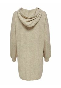 Robe-pull à capuche en maille côtelée beige, avec manches longues bouffantes, vue de dos, présentant une coupe ample et des épaules tombantes.