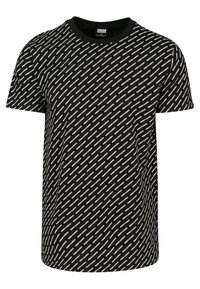 Schwarzes T-Shirt mit kurzen Ärmeln, das ein sich wiederholendes weißes Textmuster aufweist. Rundhalsausschnitt und normale Passform. Hergestellt aus weichem, atmungsaktivem Material.