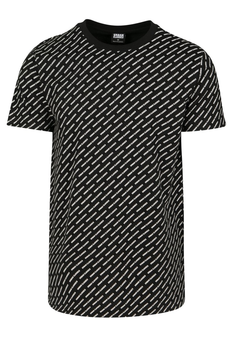 Schwarzes T-Shirt mit kurzen Ärmeln, das ein sich wiederholendes weißes Textmuster aufweist. Rundhalsausschnitt und normale Passform. Hergestellt aus weichem, atmungsaktivem Material.