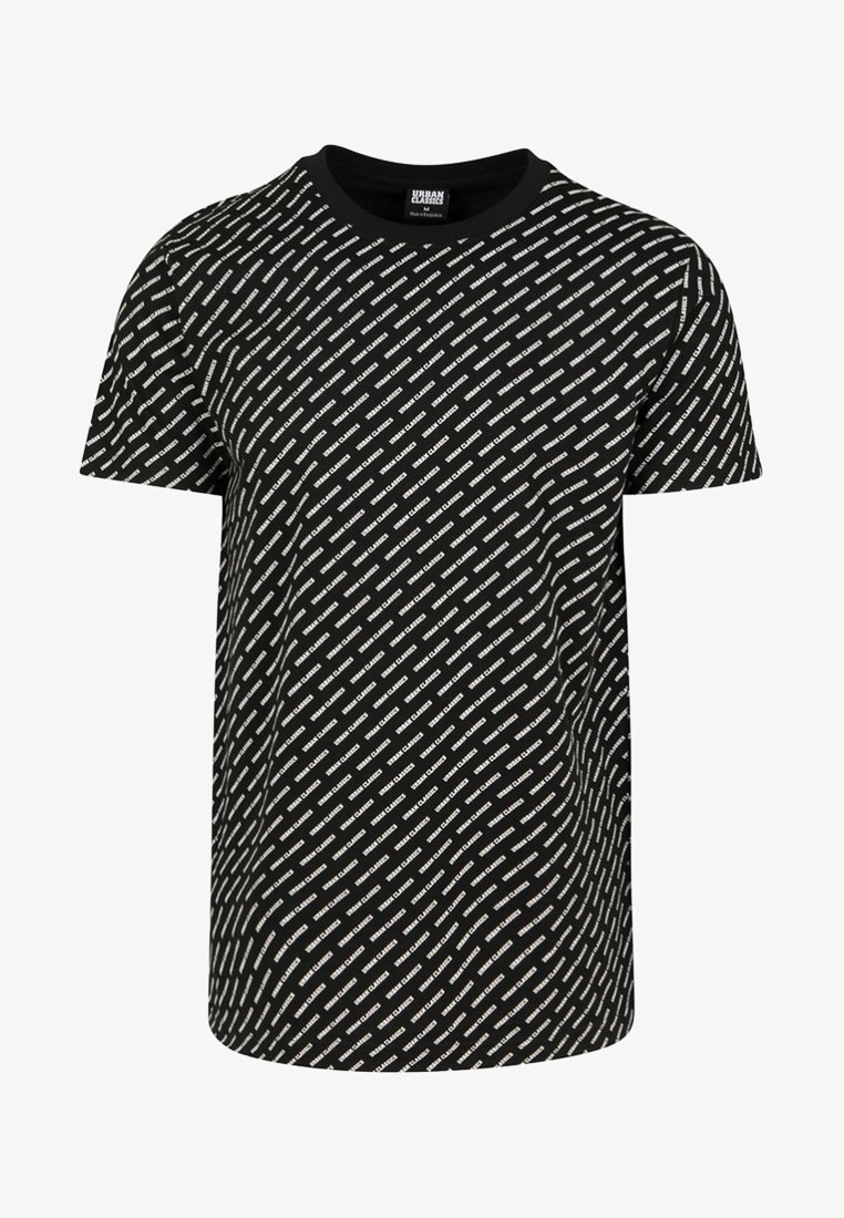 Schwarzes T-Shirt mit kurzen Ärmeln, das ein sich wiederholendes weißes Textmuster aufweist. Rundhalsausschnitt und normale Passform. Hergestellt aus weichem, atmungsaktivem Material.