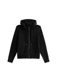 Zwarte rits hoodie gemaakt van zacht materiaal, met een voorzak, trekkoorden en geribbelde manchetten. Eenvoudig ontwerp met een ontspannen pasvorm.
