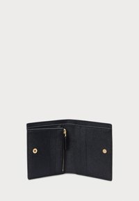 Black leather wallet with a textured finish, featuring multiple card slots, a zippered pocket, and a metallic snap closure.