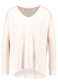 Ljusrosa V-ringad tröja med långa ärmar, texturerad tyg och rundad nederkant. Har en avslappnad passform och minimala sömdetaljer.