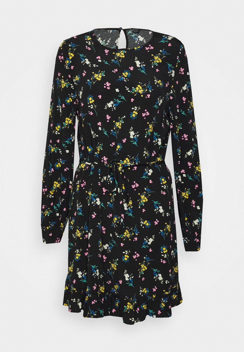 Vestido preto floral com mangas compridas, apresentando um cinto na cintura, bainha em camadas e múltiplos padrões de flores em rosa, amarelo e azul.