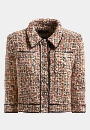 Dame kort tweedjakke med stor krave, forreste knapper, to brystlommer og mørke kantdetaljer i brune, beige og rustfarver.