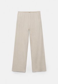 Pantalon beige à jambes larges avec taille élastique et cordon, en tissu doux texturé.