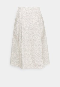 Kukkakuvioinen hame, kevyt kangas, joustava vyötärö, polvimittainen, jossa on pieniä vaaleanpunaisia kukkia vihreillä lehdillä valkoisella taustalla.