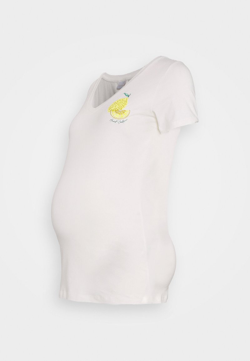 T-shirt de maternidade branca com decote em V, apresentando um bordado de limão amarelo na frente. Feita de um tecido de algodão suave, com um design ajustado pensado para o conforto.