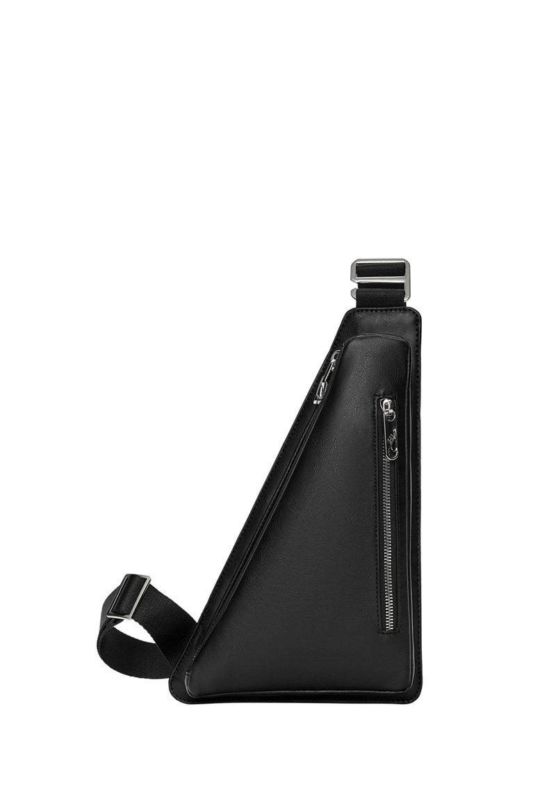 Borsa a tracolla in pelle nera con forma triangolare, dotata di due tasche con zip, una tracolla regolabile e una chiusura in metallo. Texture liscia.