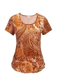 Korte mouwen oranje en crèmekleurige T-shirt met een paisleypatroon, gemaakt van lichte stof, met een ronde hals en afgeronde zoom.