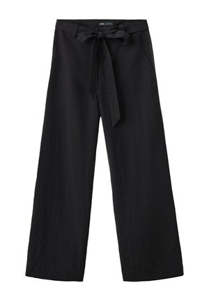 Black wide-leg pants with a fabric belt tied in a bow at the waist and side pockets, displayed on a white background.