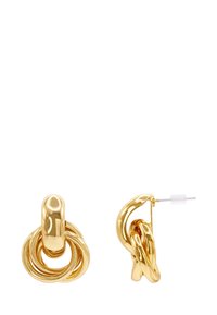 Ohrringe aus goldfarbenem Metall mit ineinander verwobenen Ringdesigns, glatten glänzenden Oberflächen und einem Steckverschluss für sicheren Halt.