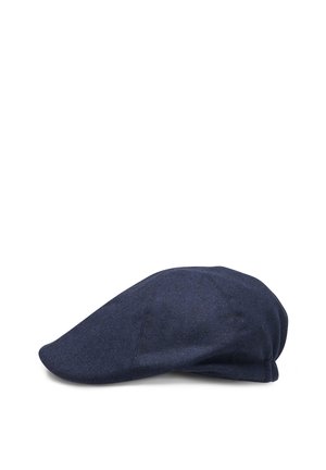Dark blue flat cap made of textured fabric with a short, curved brim, shown on a white background.