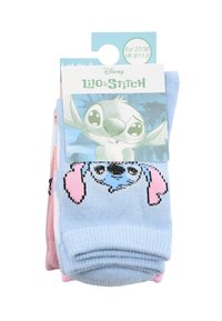 Niebieskie i różowe skarpetki z dzianinowym wzorem przedstawiającym twarz Stitcza. Opakowanie prezentuje postać Stitcza z napisem "Lilo i Stitch".