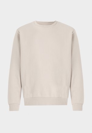 Beige crewneck sweatshirt made from soft cotton, featuring a relaxed fit, ribbed cuffs, and hem, with no visible patterns or hardware.