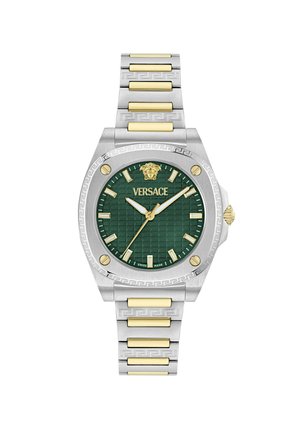 Sidabrinio ir auksinio spalvų nerūdijančio plieno Versace laikrodis su žaliu tekstūruotu ciferblatu, auksiniais valandų žymekliais ir rodyklėmis, Medūzos logotipu ties 12 valanda.