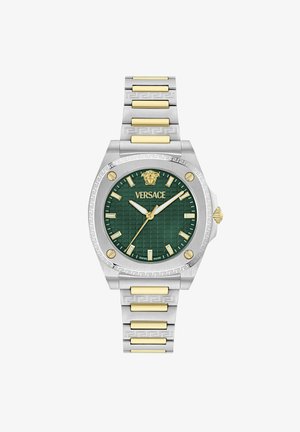 Hõbe- ja kullavärvi roostevabast terasest Versace käekell rohelise tekstuuriga sihverplaadiga, kuldsete tundi näitavate markeeringute ja osutitega, Medusa logo kell 12 asukohas.