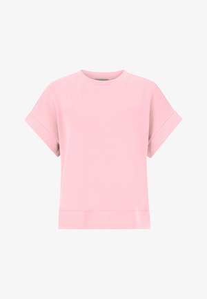 T-shirt in cotone rosa con maniche corte arrotolate, scollatura rotonda e vestibilità rilassata. Textura liscia con un design semplice e pulito.