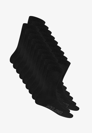 Twelve pairs of plain black crew socks with ribbed cuffs, stacked in two rows, featuring "JACK & JONES" text on each foot.