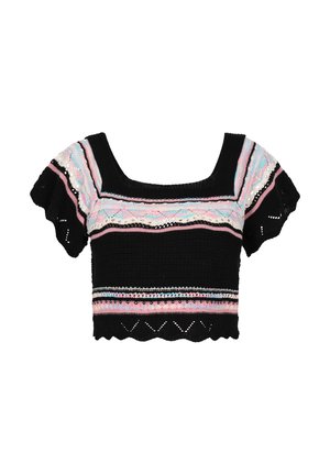 Heegeldatud lühikeste varrukatega crop top, millel on ruudukujuline kaelus, must alus, värvilised mustriga aktsendid roosa ja sinise toonides ning volangidega lühikesed varrukad.
