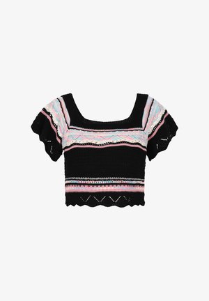 Heegeldatud lühikeste varrukatega crop top, millel on ruudukujuline kaelus, must alus, värvilised mustriga aktsendid roosa ja sinise toonides ning volangidega lühikesed varrukad.